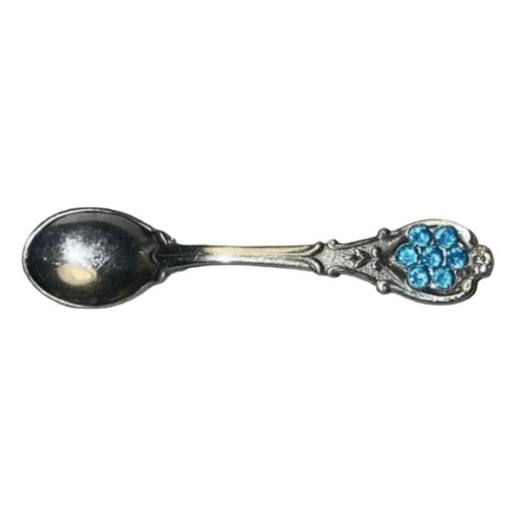 Vintage Miniature Spoon Brooch Silver Tone Metal Blue Rhinestone Crystal Pin - Picture 1 of 4